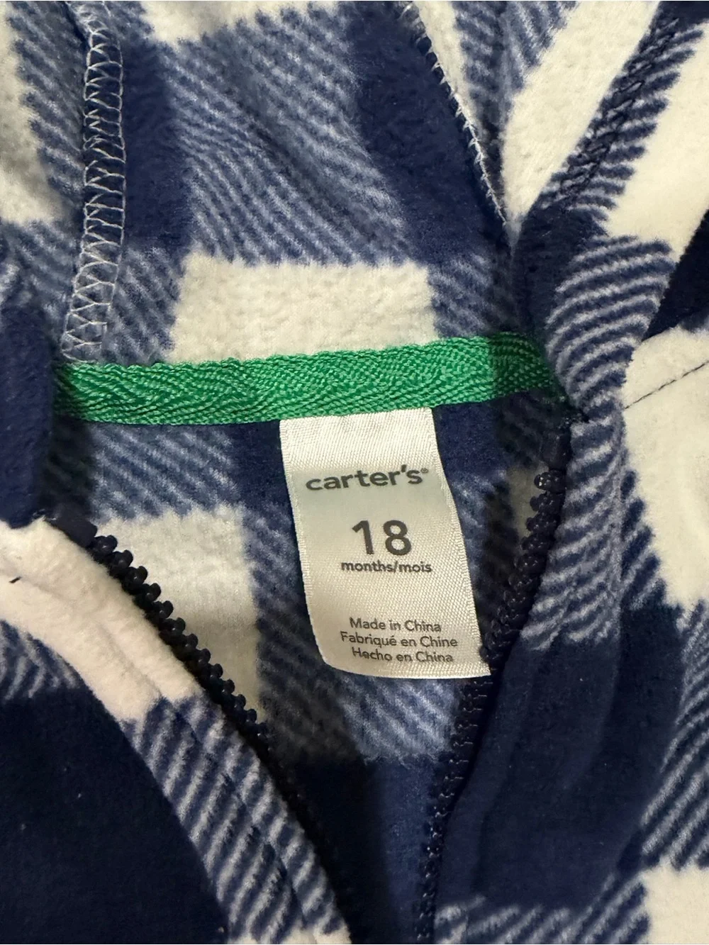 Carter's Toddler Blue & White Plaid Fleece Zip-Up Hoodie Bear Ears 18 Months